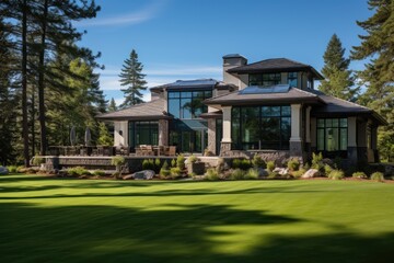 Poster - The exterior of a newly constructed, exquisite luxury home is adorned with a lush green lawn and nestled against a scenic forest, creating a picturesque view from a unique angle.