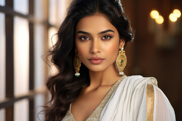 Portrait of a beautiful Indian woman in a white sari Generative AI
