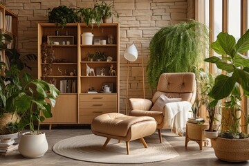 Sticker - The room has a fashionable interior design featuring a set of drawers, a comfortable armchair made of wicker, and a potted eucalyptus plant positioned next to a wooden wall.