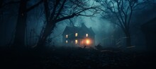 Haunted House In The Middle Of  Foggy Dark Forest Night Melancholic Background. Generative AI Technology.