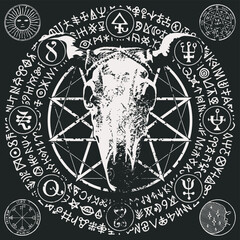  Vector illustration with a horned cow or bull skull, pentagram, occult and witchcraft signs. The symbol of Satanism Baphomet and magic runes written in a circle. black stains and splashes