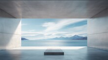 Abstract Empty Minimal Concrete Inerior With An Empty Sofa And Ocean View, 3d Rendering, AI Generated Image