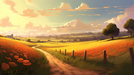 Wall Mural - Road through the field general plan. Digital painting by AI