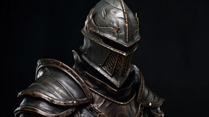 Medieval knight in dark decorated armor, close up