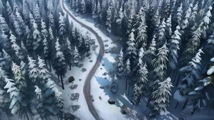 Wall Mural - Aerial view of road in forest winter daytime digital painting by AI