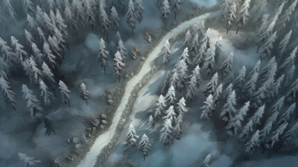 Wall Mural - Aerial view of road in forest winter daytime digital painting by AI