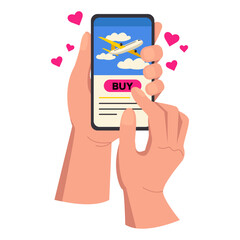 Illustration of two hands holding a phone, buy a plane ticket online. Vector graphic.