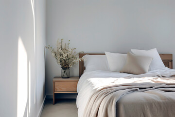 Bedroom interior. White room with natural wooden simplistic Earth tones design. Scandi Boho style with light from the window