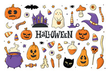 Set Of Halloween Doodles, Cartoon Elements, Clip Art Isolated On White Background. Good For Prints, Cards, Stickers, Signs, Sublimation, Scrapbooking, Etc. EPS 10