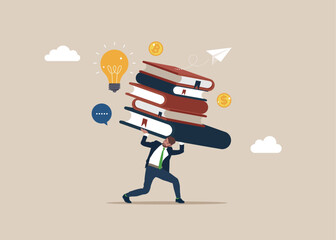 Businessman carrying huge with pile of books. Online education. Concept illustration of online courses, distance studying, self education, digital library. Vector illustration
