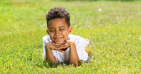 Wall Mural - Funny moment - little boy pulling grass and smelling flowers