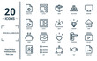 miscellaneous linear icon set. includes thin line analytics, video file, purse, agenda, analytics, inbox, gallery icons for report, presentation, diagram, web design