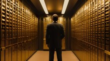 A Private Manger Of A Bank With Thumb Up Stands In A Room With Safe Deposit Boxes. A Concept Of Storing Of Important Documents Or Valuables In A Safe And Secure Environment