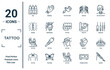 tattoo linear icon set. includes thin line ink, sword, tattoo, tattoo, sleeve, thai icons for report, presentation, diagram, web design