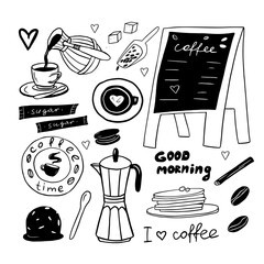 Wall Mural - Cute set of coffee theme elements. Hand drawn. Vector illustration EPS10 in doodle style. Isolated on white background