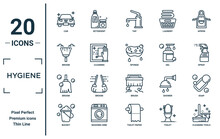 Hygiene Linear Icon Set. Includes Thin Line Car, Broom, Broom, Bucket, Cleaning Tools, Sponge, Soap Icons For Report, Presentation, Diagram, Web Design