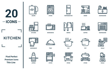 kitchen linear icon set. includes thin line board, kitchen, microwave, apron, scale, knifes, scale icons for report, presentation, diagram, web design