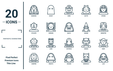 Wall Mural - fantastic characters linear icon set. includes thin line banshee, cyclops, vampire, vampire, lich, death, fairy icons for report, presentation, diagram, web design