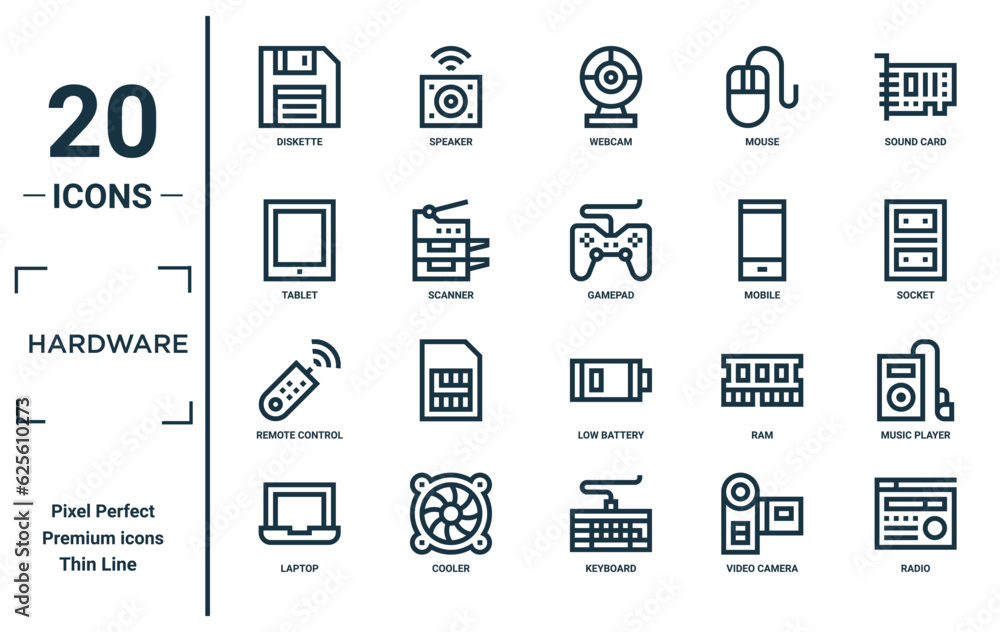 hardware linear icon set. includes thin line diskette, tablet, remote ...
