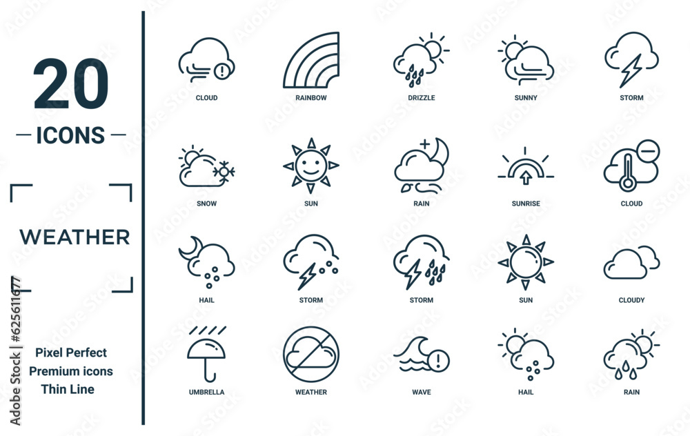 weather linear icon set. includes thin line cloud, snow, hail, umbrella ...