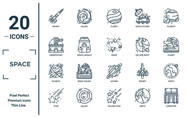 Wall Mural - space linear icon set. includes thin line rocket, observatory, planets, star, computer, space, earth
