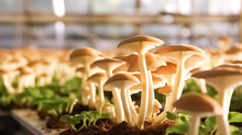 Mushroom Cultivation Growing In Organic Farms. Organic Mushroom Farm. Mushrooms Growing On The Farm.
