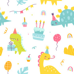 Wall Mural - Cute dino birthday pattern. Seamless bright vector print with abstract dinosaurs party for wrapping paper.