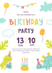 Wall Mural - children's birthday invitation with cute dino. kids birthday party card with festive dinosaurs and d