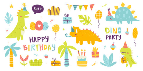 Wall Mural - cute dino birthday party set. bright doodle dinosaurs celebration collection. stickers bundle with f