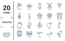 Pirates Linear Icon Set. Includes Thin Line Pirate Flag, Rum, Money Bag, Barrel, Cannon, Tortoise, Hook Icons For Report, Presentation, Diagram, Web Design
