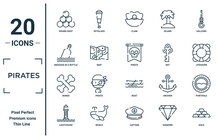Pirates Linear Icon Set. Includes Thin Line Round Shot, Message In A Bottle, Bones, Lighthouse, Gold, Pirate, Porthole Icons For Report, Presentation, Diagram, Web Design