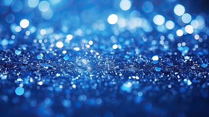 sapphire glitter bokeh background. unfocused shimmer royal blue sparkle. crystal droplets wallpaper