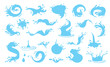 Water splash, river splashes, waves, spray, spill, dripping water drops. Fresh water splash silhouettes set vector illustration. Falling droplets of fountain and circle ripples. Blue drop shape logo