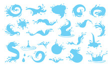 Water Splash, River Splashes, Waves, Spray, Spill, Dripping Water Drops. Fresh Water Splash Silhouettes Set Vector Illustration. Falling Droplets Of Fountain And Circle Ripples. Blue Drop Shape Logo