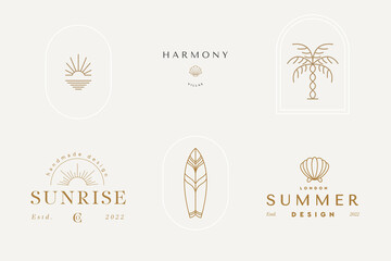 Abstract logo template with images of female, sunset, palm, moon, flower. Modern minimal set of linear icons and emblems for social media, accommodation rental and travel services.