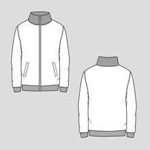 Men Zipper High Neck Sweatshirt Side Pocket Ribbed Cuff Fashion Flat Sketch Cad Mock Up Technical Drawing Template Design Vector