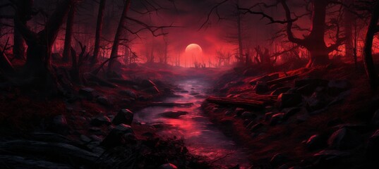 Fototapeta mysterious red forest horror dark night background. generative ai technology.
