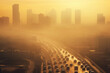 A city engulfed in smog and polluted air due to vehicle exhaust emissions. The concept of emissions from internal combustion engine vehicles and the inefficiency of the transportation system