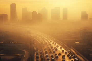 a city engulfed in smog and polluted air due to vehicle exhaust emissions. the concept of emissions 