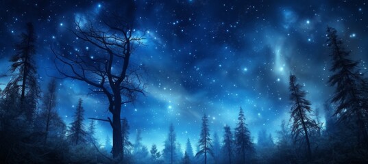Wall Mural - night forest with starry blue space. generative ai technology.