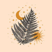 Moon With Fern And Stars. Hand Drawn Astrological Symbol For Printing On T-shirts And Bags, Decor Element. Mystical And Magical, Astrological Vector Illustration
