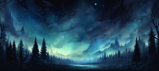 Wall Mural - night forest landscape and starry blue space. generative ai technology.