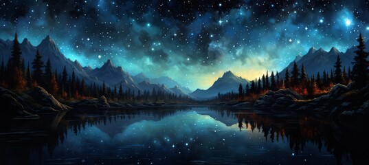 night lake forest mountain landscape and starry blue space. generative ai technology.