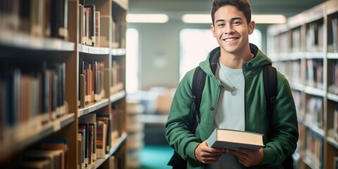 Cheerful male international student with backpack, standing near bookshelves at university library or book store during break between lessons. Education concept, generative ai