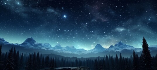 Wall Mural - starry night blue space above mountain landscape background. generative ai technology.