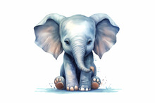 Cute Elephant Character Watercolor Illustration On White Background