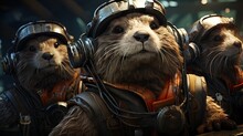  A Group Of Otters Wearing Helmets And Ear Muffs.  Generative Ai