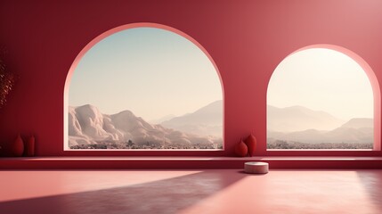 Canvas Print -  a red room with two arched windows and a view of mountains.  generative ai