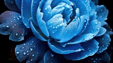 Blue Peony Flowers With Water Drops Background. Closeup Of Blossom With Glistening Droplets. Generative AI