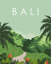 Bali Rice Fields Volcanoes And Mountains Travel Poster